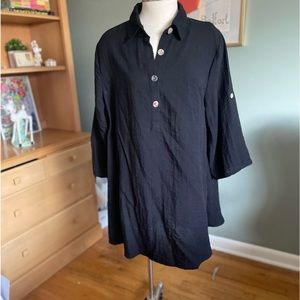 Black tunic linen 1/2 button up blouse large